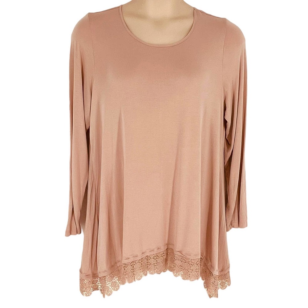 LOGO by Lori Goldstein 1X Knit Top with Lace Trim Dusty Pink Long Sleeve Casual